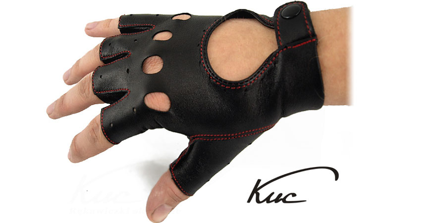 męskie rękawiczki skórzane bez palców, szyte kontarstową nitką, model MD1